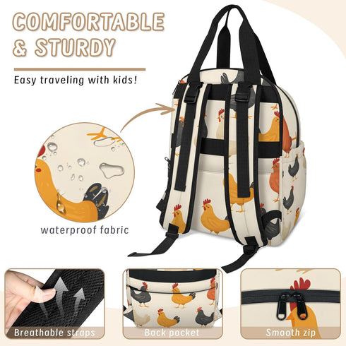 Shoblo Backpack Chicken Rooster Diaper Bag for Travel, Waterproof Diaper Bag with Insulated Bottle Pockets & USB Port