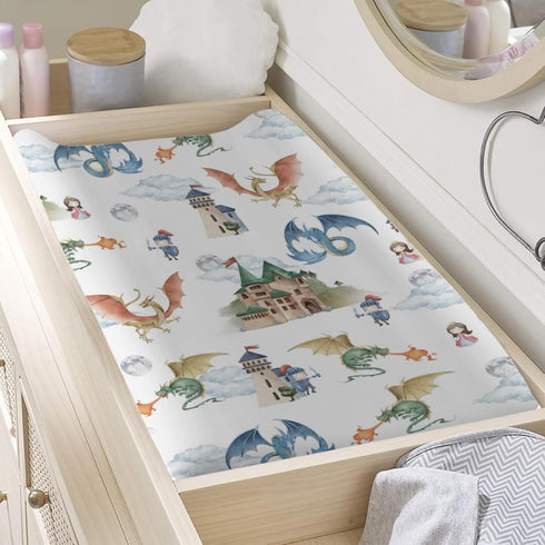 Fairytale Dragons Castle Changing Pad Cover, Watercolor Dragon Princess Sheets for Baby Nursery, 32''x16''