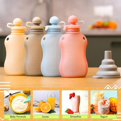 TINY LOOM 5oz, 4 Pack Reusable Pouches for Toddlers Silicone Refillable Baby Food Feeder with Funnel, Food Storage