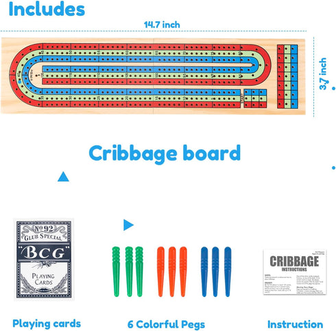 Set 2-4 9 3 8+) Cribbage Board Game - Complete Cribbage Kit for Players - Includes Pegs, Deck of Playing Cards