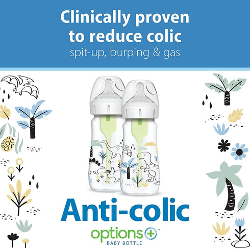 9oz/270mL, 1 2-Pack, 0m+ 6-Pack 2 Dr. Brown's Anti-Colic Options + Wide-Neck Baby Bottle Designer Edition, Dino Decos