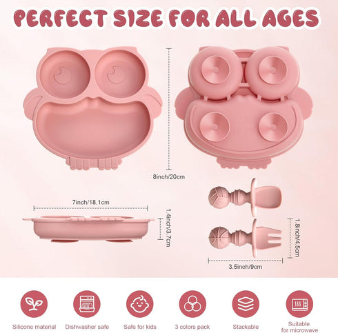 3 Sets Suction Plate for Baby Silicone Owl Shape Toddler Plates with Spoon and Fork Feeding Baby Plates Microwave and Dishwasher Safe Divided Plates for Baby Kids (Beige, Dark Pink, Light Pink) by Dandat