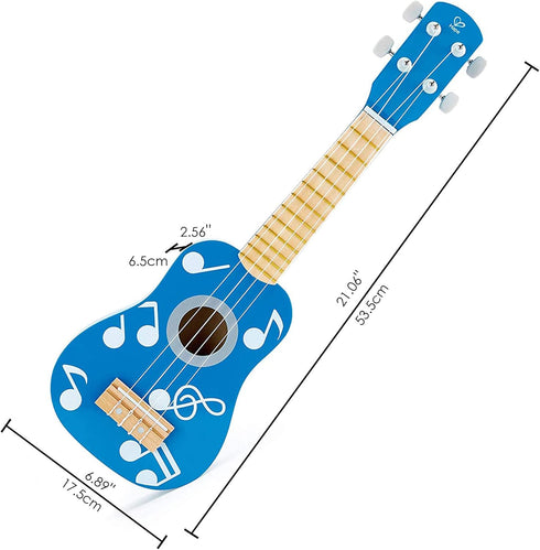 Hape Kid's Wooden Toy Ukulele in Multicolor Dot Blue, Dimensions: L: 21.1, W: 2.6, H: 6.9 Inch
