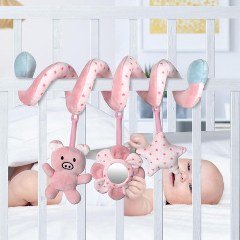 Infant Baby Pink Pig Spiral Activity Hanging Toys for Car Seat, Stroller Bar, Crib Mobile with Mirror