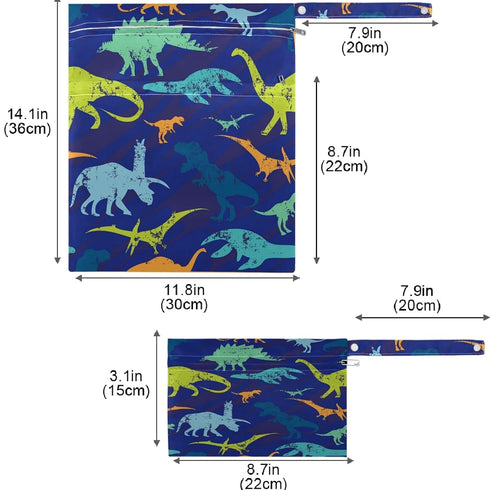 visesunny 2Pcs Vintage Dinosaur Animal Wet Bag with Zippered Pockets Washable Reusable Roomy Diaper Bag