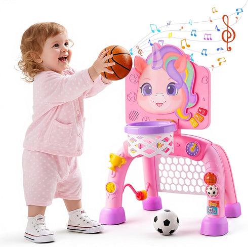 JMMICO 1 2 3 Toddler Basketball Hoop & Soccer Goal Activity Center, Interactive Toys with Light Music,Unicorn Toddlers