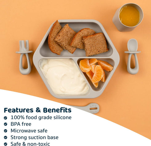Tiny Twinkle Silicone Suction Baby Plate, Divided Dish for First Foods, Grey Plate for Self-Feeding Toddlers