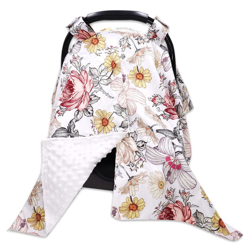 Floral Baby Car Seat Canopy Soft Plush Dotted Backing Baby Car Seat Cover Girls, Infant Carseat Canopy, Stretchy Multi