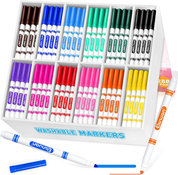 Ellinjan 288 Count Washable Markers Bulk, 12 Assorted Colors, Fine Line Colored