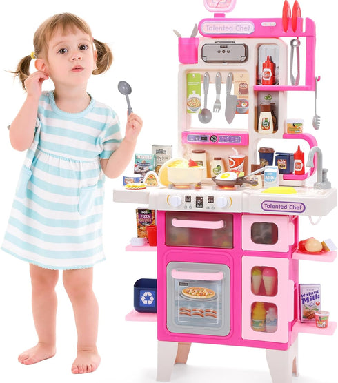CUTE STONE Kids Kitchen Playset, Play Kitchen Set with Sound & Light,