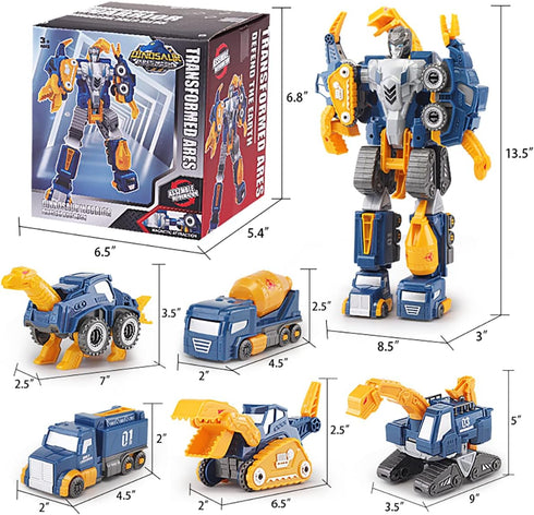 Set, 5-in-1 3 4 5 6 7 Construction Trucks Toy Dinosaur Vehicles Magnetic Educational STEM Building Car Kit, Transform