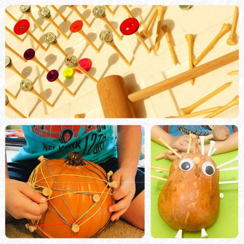 Hammering and Pounding Toys for Kids, 1 Wood Hammer and 30 Bamboo Nails for Fine Motor Skills