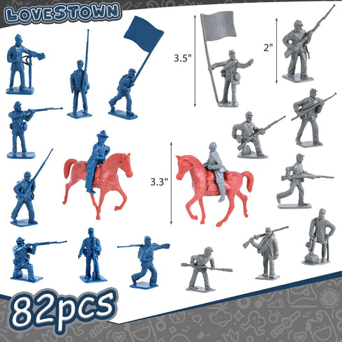LovesTown 82PCS Civil War Soldier Toys, 40 Blue and 40 Gray Uniform Action Figures with Rideable Horses for Kids