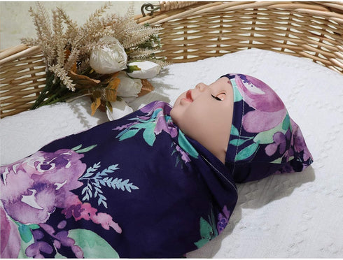 Newborn Swaddle Blanket with Beanie Set, Soft Stretchy Blanket for Baby Boys and Girls, 0-3 Months, Purple Flower