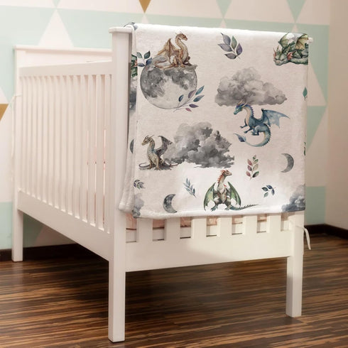 Watercolor Dragons Fairytale Baby Blanket, Dragon Wings Leaves Moon Clouds, Soft Swaddle Blanket for Toddler Newborn