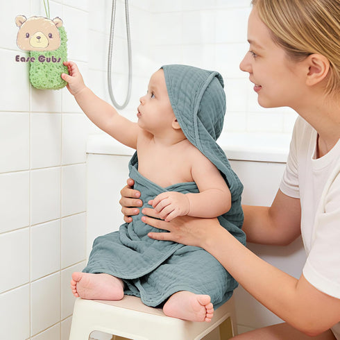 Ease Cubs 3-Pack 100% Slate,32" 32") Muslin Hooded Baby Towels, Cotton, Ultra-Soft & Absorbent Baby Bath Towels