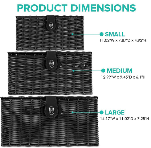 Set of 3 Woven Storage Basket Box - Stackable Bin with Lid & Lock, Built-in Carry Handles for Nursery, Baby Closet