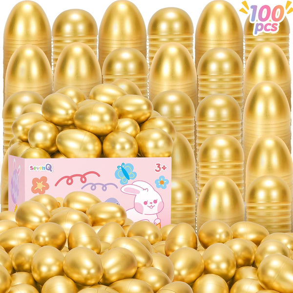 SevenQ Easter Eggs Empty 100Pcs, Fillable Plastic Golden Eggs for Easter Basket