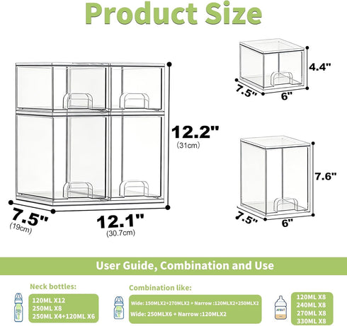 Countertop, 4 Pack Baby Bottle Storage Organizer: Clear Stackable Storage Drawers, Acrylic Bottles Station Organizer