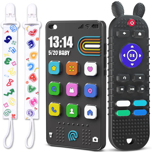 Baby Teething Toys, TV Remote Control & Phone Shape Teether Toys for 6-12 Months, Soft Silicone Chew Toys