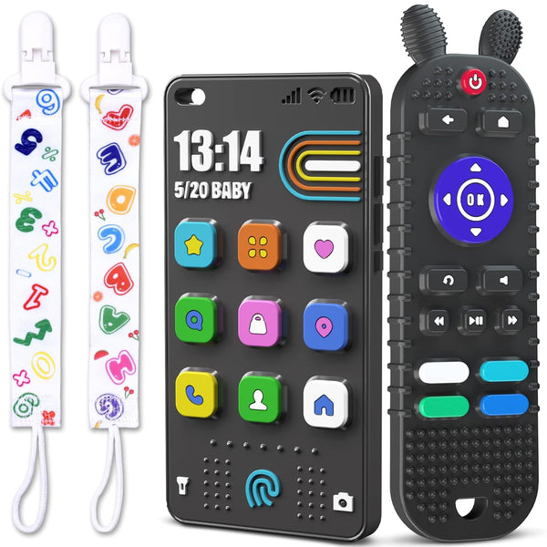 Baby Teething Toys, TV Remote Control & Phone Shape Teether Toys for 6-12 Months, Soft Silicone Chew Toys