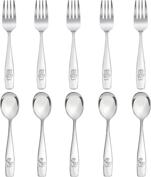 Kids Silverware Stainless Steel Set of 10, Dishwasher Safe Toddler Forks and Spoons, Safe Cutlery