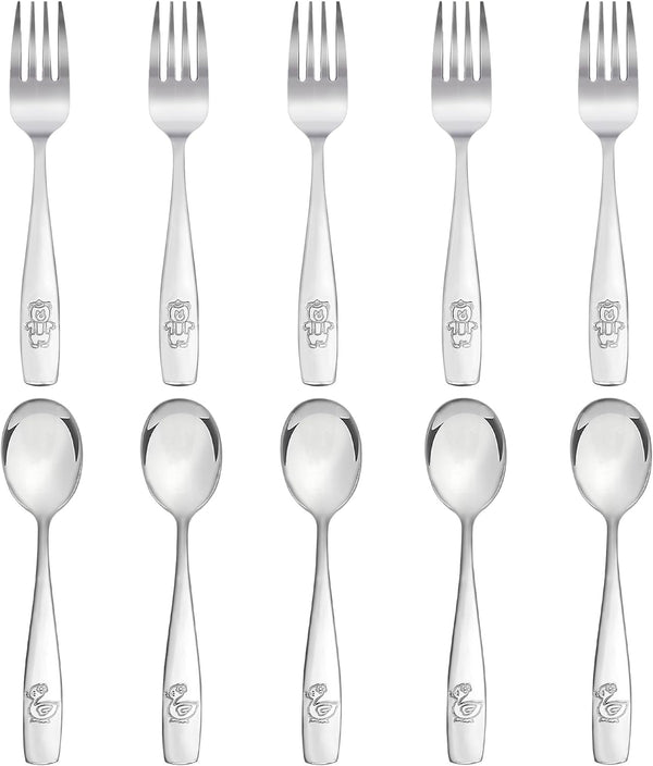 Kids Silverware Stainless Steel Set of 10, Dishwasher Safe Toddler Forks and Spoons, Safe Cutlery