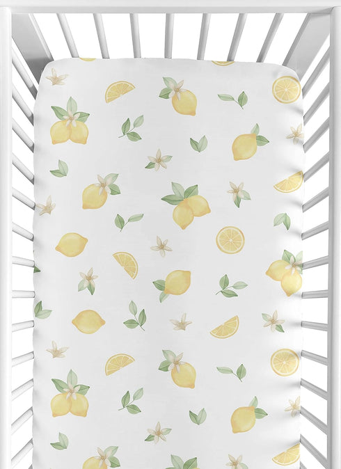 Sweet Jojo Designs Lemon Floral Girl Fitted Crib Sheet - Baby or Toddler Bed Nursery, Yellow Green Beige White