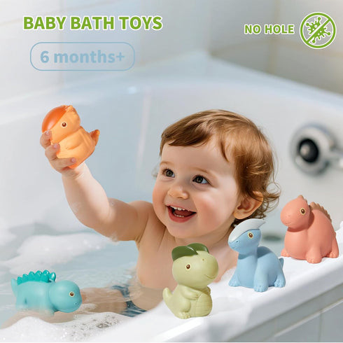 9 Pack 2-4 AMCHSURI Mold Free Bath Toys, Dinosaur |Cute, Not Hold Water Design | Soft, Squeezable & Float on Water |