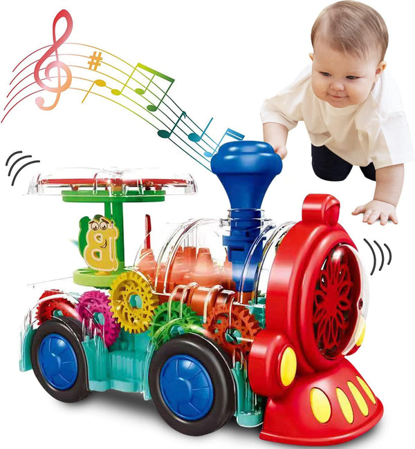 Transparent Train Toy - Interactive Electric Music Train with LED Light for Tummy Time Crawling Baby Toys