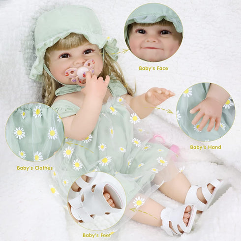22 Inch Lifelike Reborn Girl Baby Doll - Realistic Silicone Full Body Newborn with Accessories, Weighted Soft Toy Gift