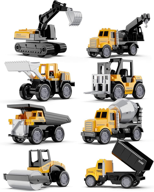 Alloy Mini Construction Vehicles, 8Pcs Die-cast Set, Excavators, Mixer Truck, Bulldozers, Pull Back Toys for Kids