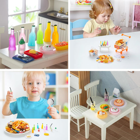 150Pcs Miniature Food Drinks Bottle Toys Mixed for Dollhouse Kitchen Accessories, Fake Resin Play Tableware 1/12 Micro