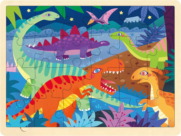 24 Piece Dinosaur Wooden Jigsaw Puzzle for 3 Year Old, Preschool Toddler Puzzles Ages 2-5 with Storage Tray