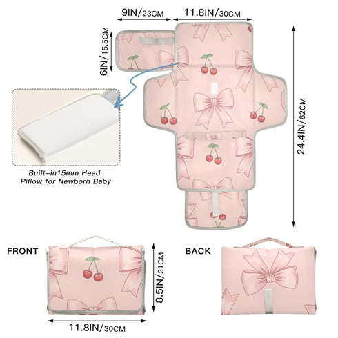 PaChyLuu Portable Baby Changing Pad - Pink Bows Waterproof Diaper Changing Mats for Baby Boys Girls, Lightweight