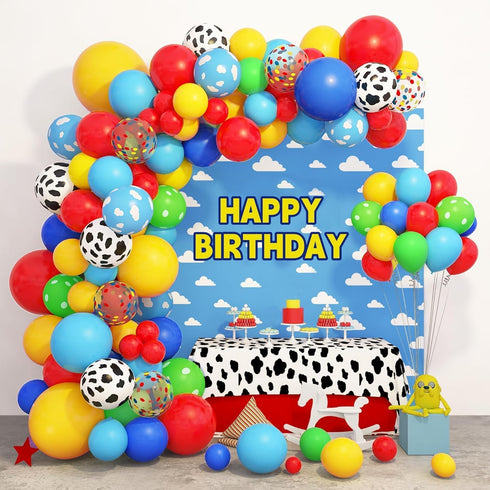 Amandir 152Pcs Balloon Arch Garland Kit, Blue Red Yellow Cow Cloud Pattern Latex Balloons for Kids Birthday Baby Shower