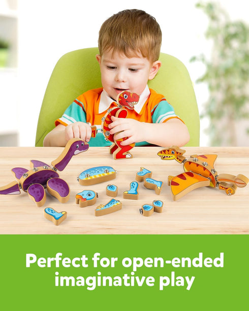 Playset, 3 4 5 Coogam Dinosaur Snap Together Building Toys, Wooden Take Apart Dinosaur STEM Montessori Educational Fine