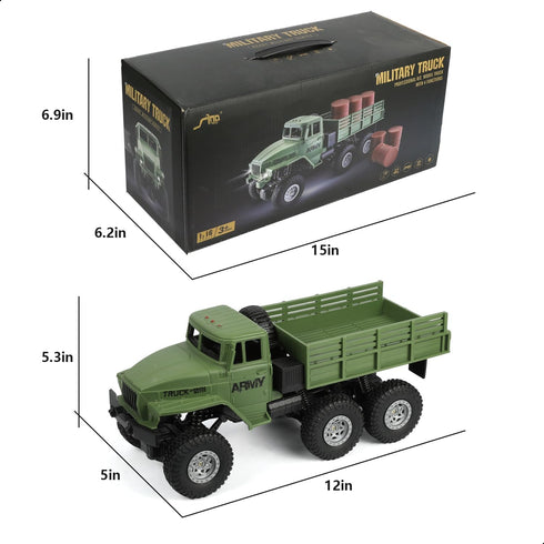1:18 50 2.4Ghz 4WD RC Military Truck with Cans, Min Playtime Remote Control Car, Off-Road Vehicle, All Terrain Toy