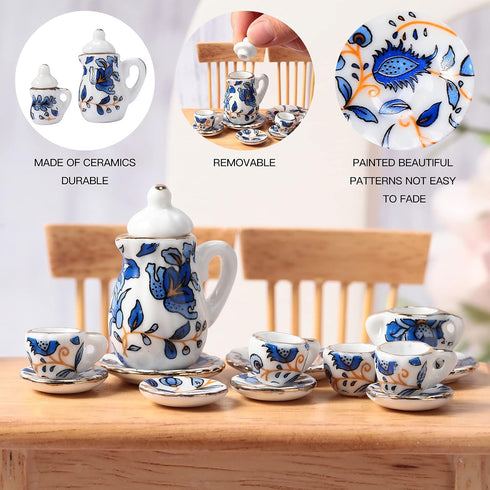 Geiserailie 2 Set Miniature Porcelain Tea Cup, 30 Pieces Dollhouse Kitchen Accessories with Golden Trim