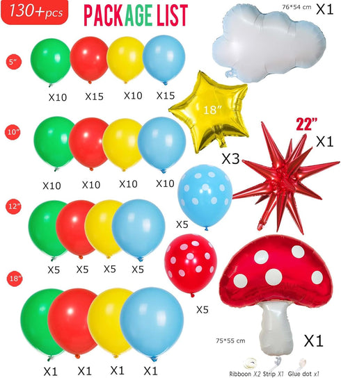 Red Blue Green Yellow Balloon Garland Kit 130Pcs with Cloud Mushroom Star Balloons for Party Decorations
