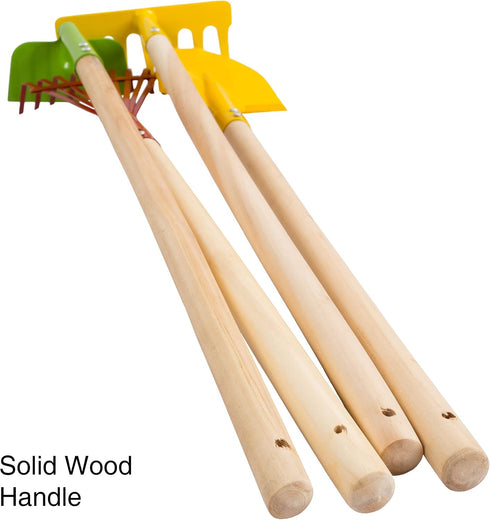 Set 4-Piece HEY! PLAY! Kids Gardening Mini Garden Tools with Wood Handles Child-Sized Shovel, Rake, Hoe, and Tined Hoe