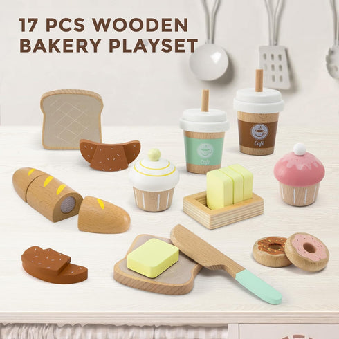 17 Playset 3+, PCS Wooden Bakery Toy Food for Kids, Pretend Picnic Play Food for Toddlers Play Kitchen Accessories