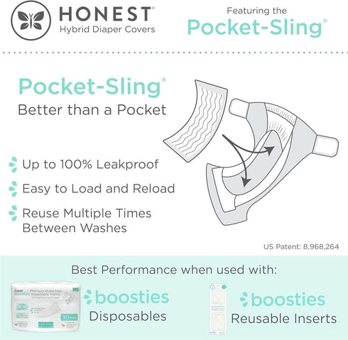 (22-40 lbs), 3 Pack Honest Hybrid Cloth Diaper Covers with Pocket-Sling, Large Stops Nighttime Leaks, Use with Boosties