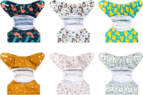 6pcs 1 ALVABABY Cloth Diaper Covers & Wet Dry Bag, Washable Reusable Diaper Shell for Prefold with Multi-Functional Bag