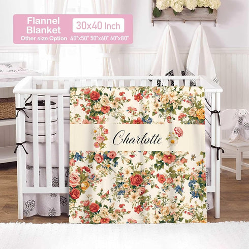 COWSROCK Set 3 Set Personalized Baby Girl Crib Bedding with Name, Floral Nursery Bedding, Piece with Flannel Blanket