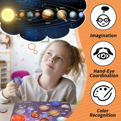 Planet Solar System Space Wooden Puzzle Toys for Kids - Preschool Solar System Planets Matching Board Activities
