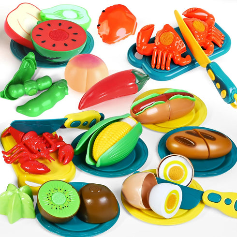 100 PCS Cutting Play Food Toy for Kids Kitchen, Pretend Food Toys with Baskets, Birthday Gifts for Ages 3-5