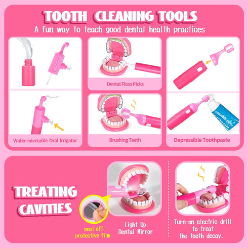 3-5 4 ULOVEME Pink Doctor Kit for Toddlers with Costume - Dentist Kit for Kids with Teeth Model /Removable Teeth