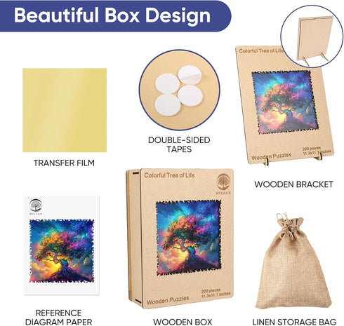 200 11.3x11.1in, MYS AUR Wooden Puzzles for Adults, Colorful Tree of Life Jigsaw Puzzles Piece, Unique Shaped Wood