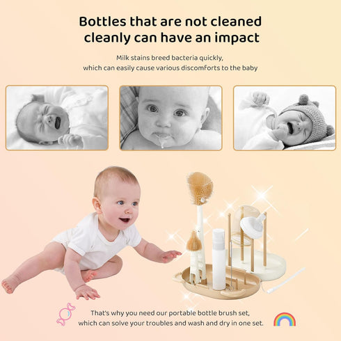 Set HOEREV Portable Baby Silicone Bottle Brush Include Pacifier Brush, Straw Brush, draining Rack, Portable Box